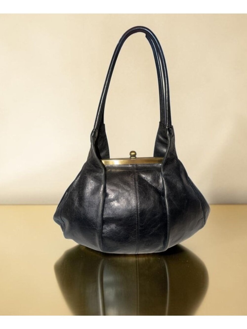 VTG HOBO Blanche Bag Black Glazed Nappa Leather Fortune Cookie Frame Satchel Y2K